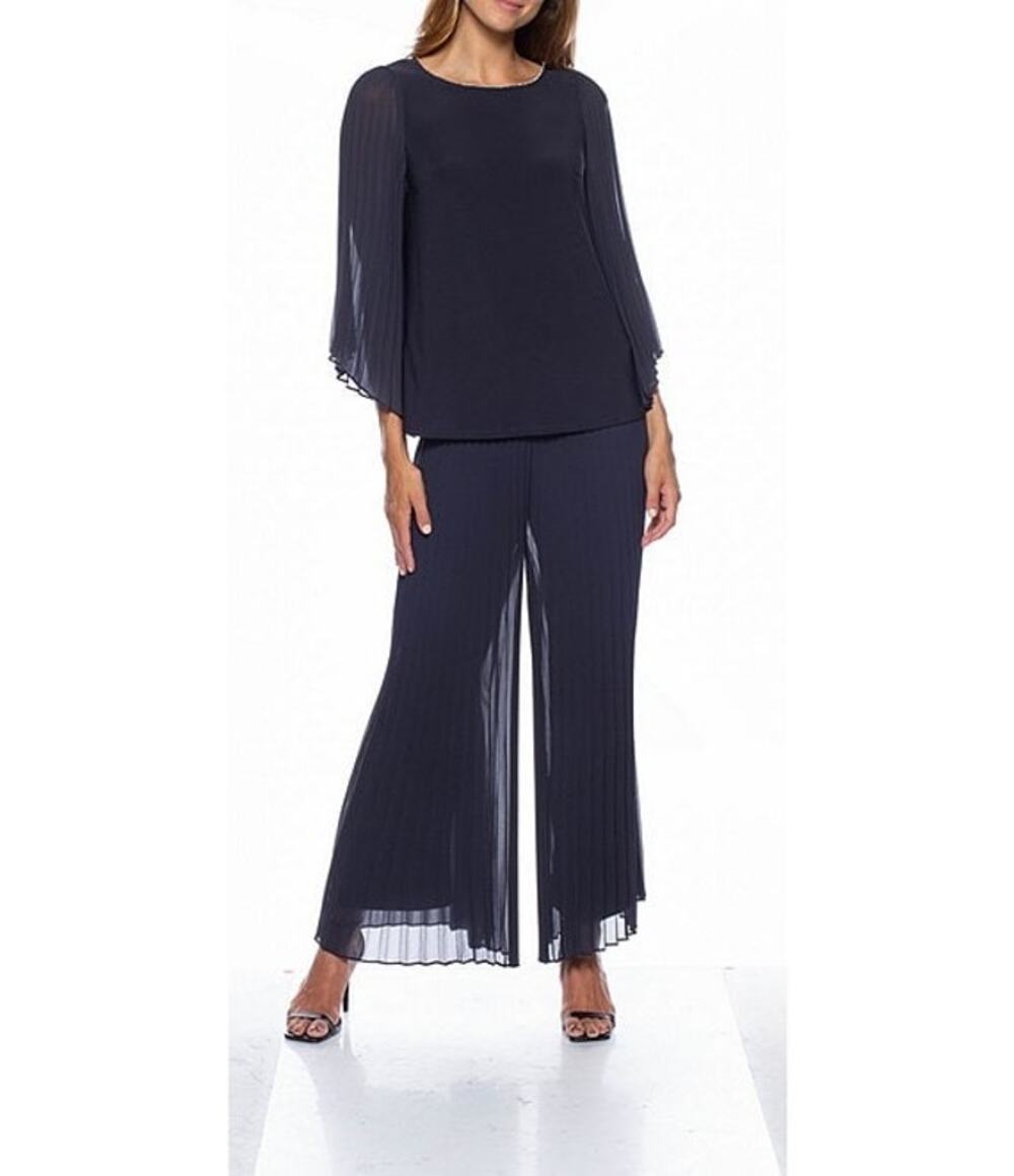 Marina Pleated Chiffon Round Neck Long Illusion Wing Sleeve 2-Piece b59
